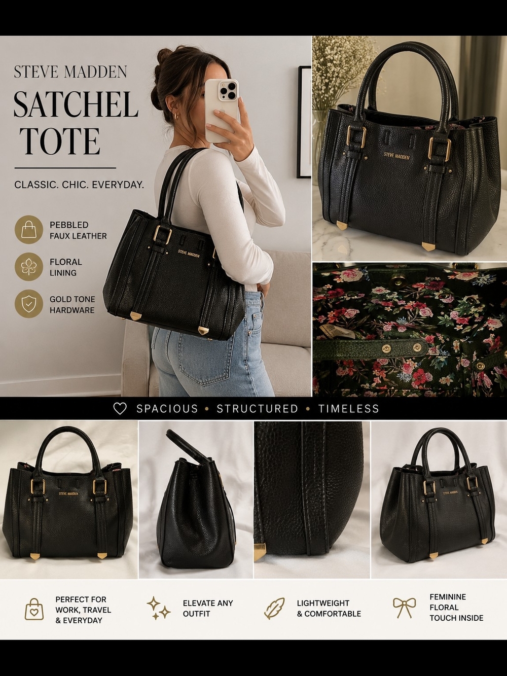 Steve Madden Black Pebbled Satchel Tote